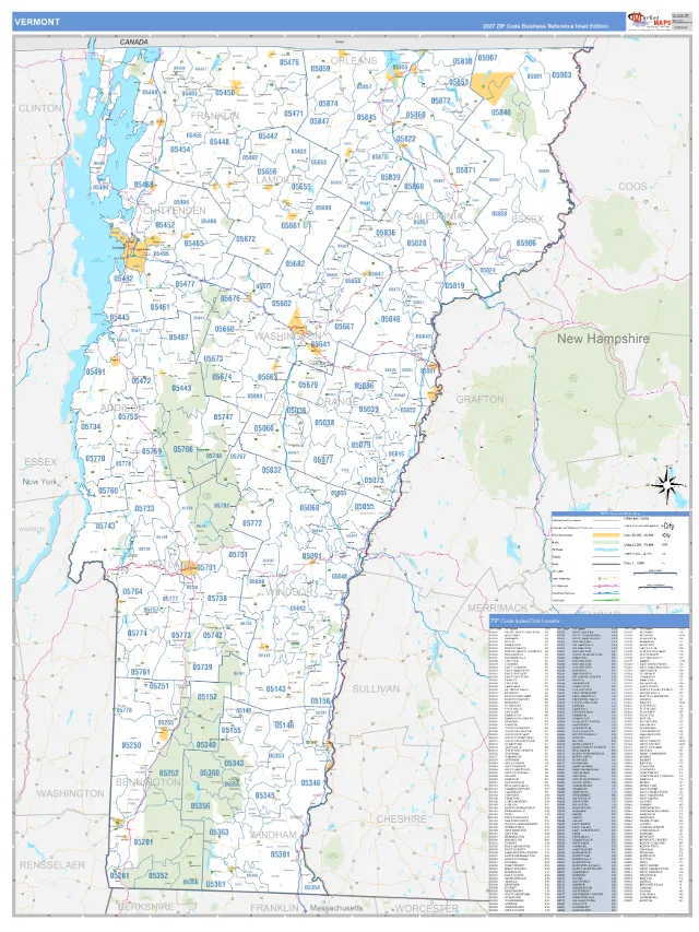 Vermont State ZIP Code Wall Map, Business Reference style