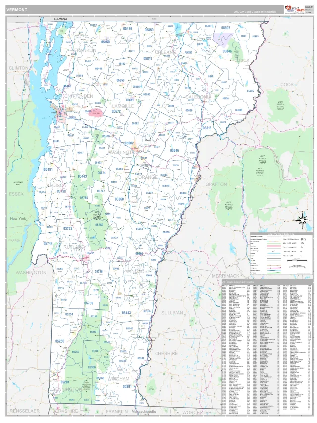 Vermont State ZIP Code Wall Map, Classic style