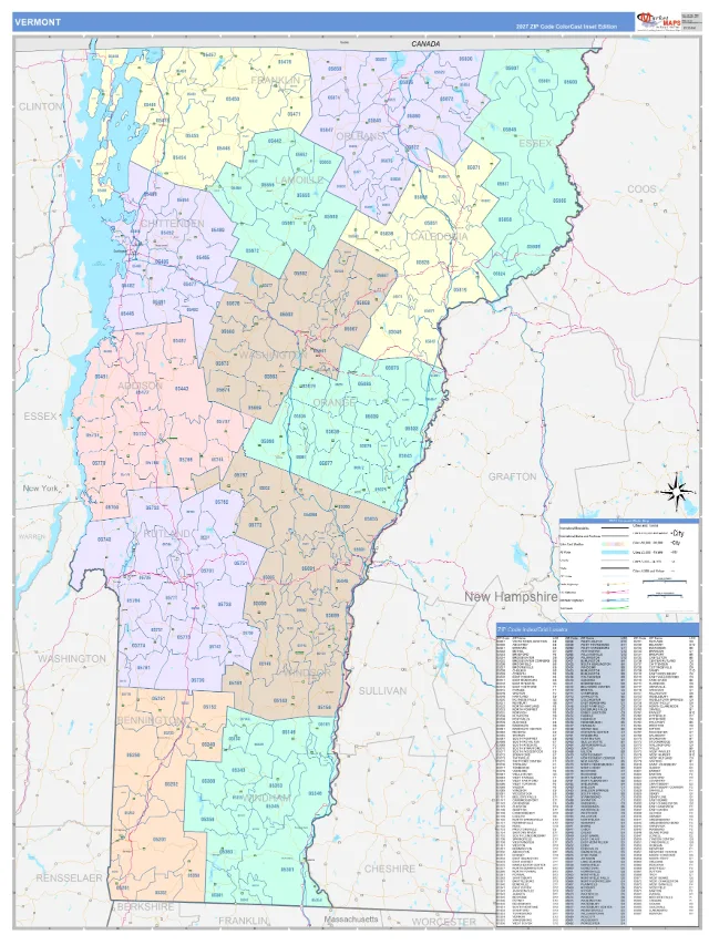 Vermont State ZIP Code Wall Map, ColorCast style
