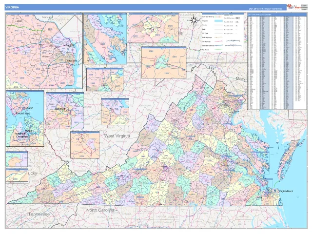 Virginia State ZIP Code Wall Map, ColorCast style
