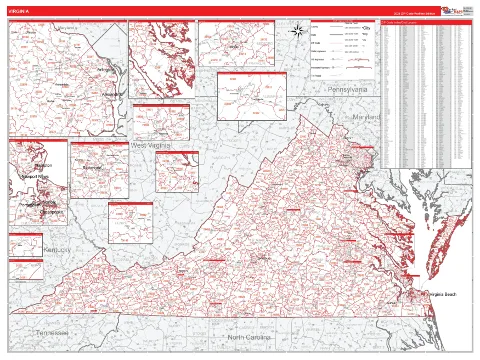 Virginia ZIP Code wall map in the RedLine Style