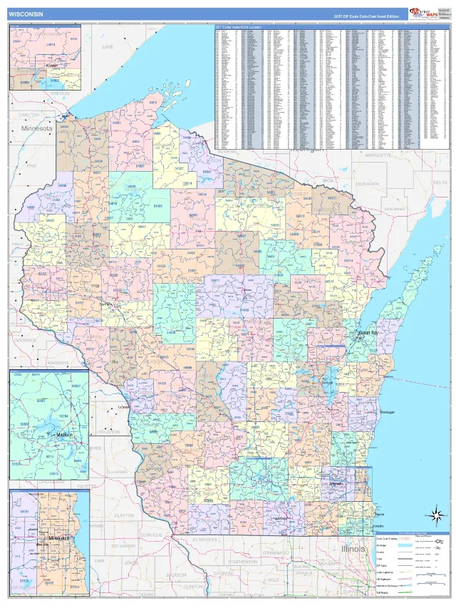 Wisconsin State ZIP Code Wall Map, ColorCast style