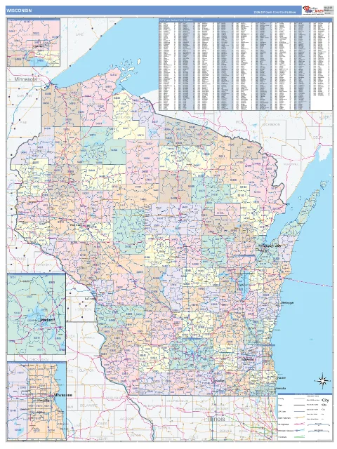 Wisconsin ZIP Code wall map in the ColorCast Style