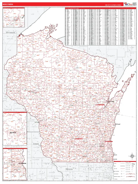 Wisconsin ZIP Code wall map in the RedLine Style